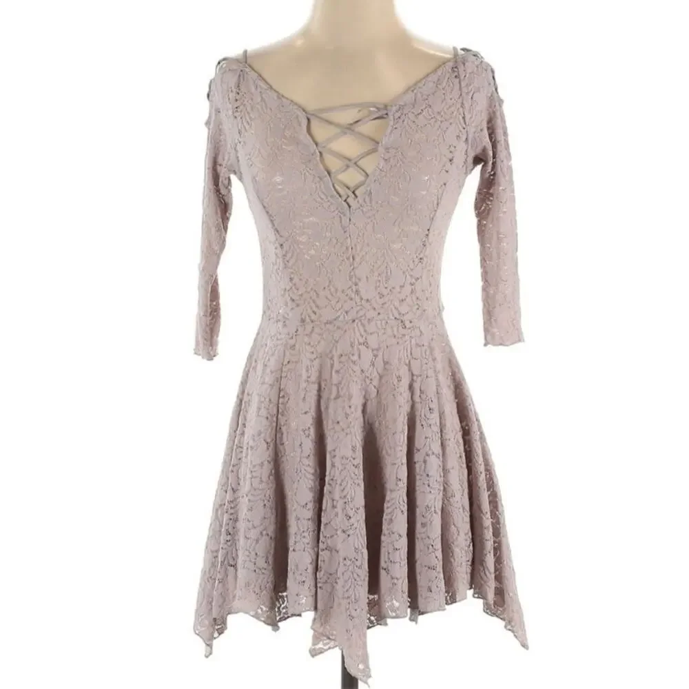 Free People Small Sheer Cream Lace Up Tunic Mini Dress